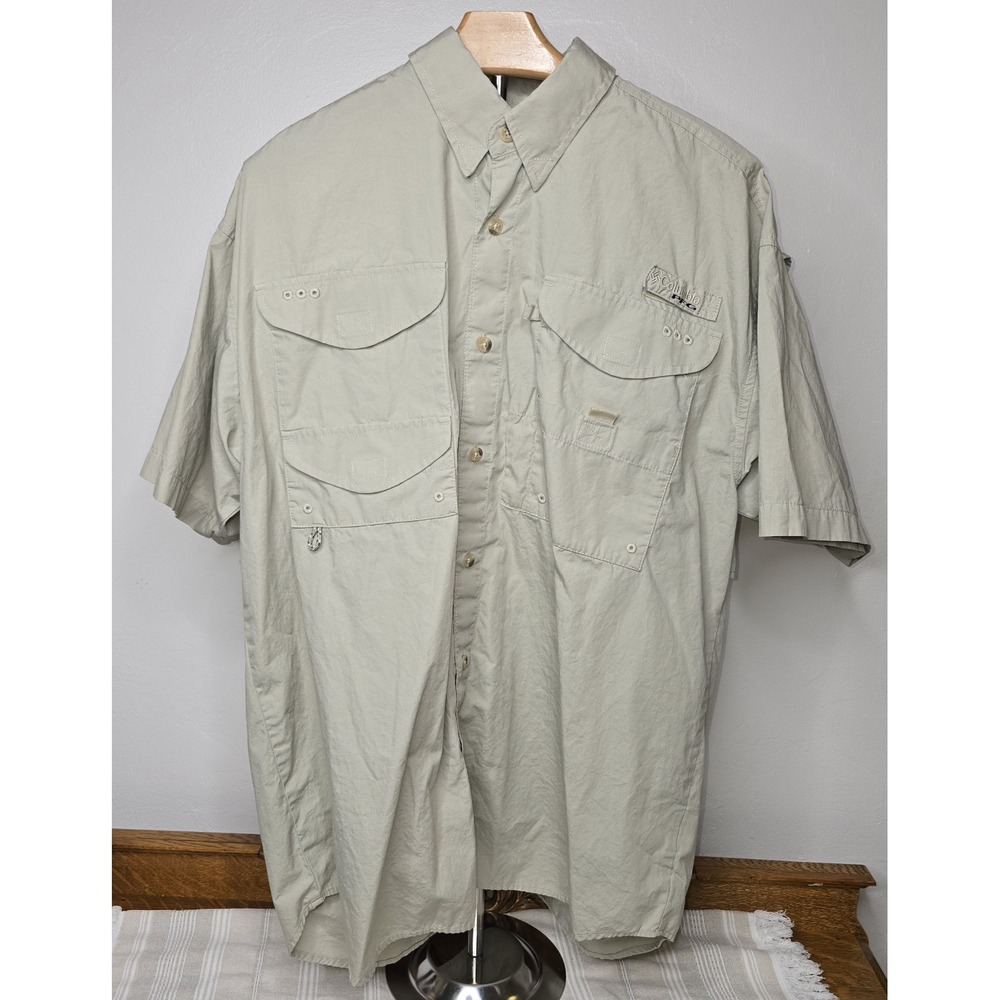 COLUMBIA PFG Men's Medium Khacki Beige Short Sleeve Fishing Shirt Vented -1109 - Picture 3 of 7